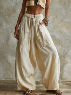 Beige High Waist Drawstring Wide Leg Baggy Pants