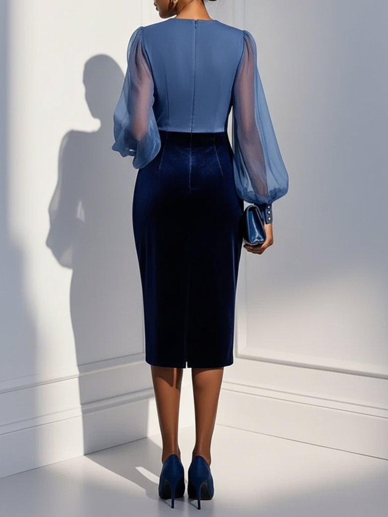 Navy Blue Mesh Split Joint Balloon Sleeve Sheath Midi Velvet Dress
