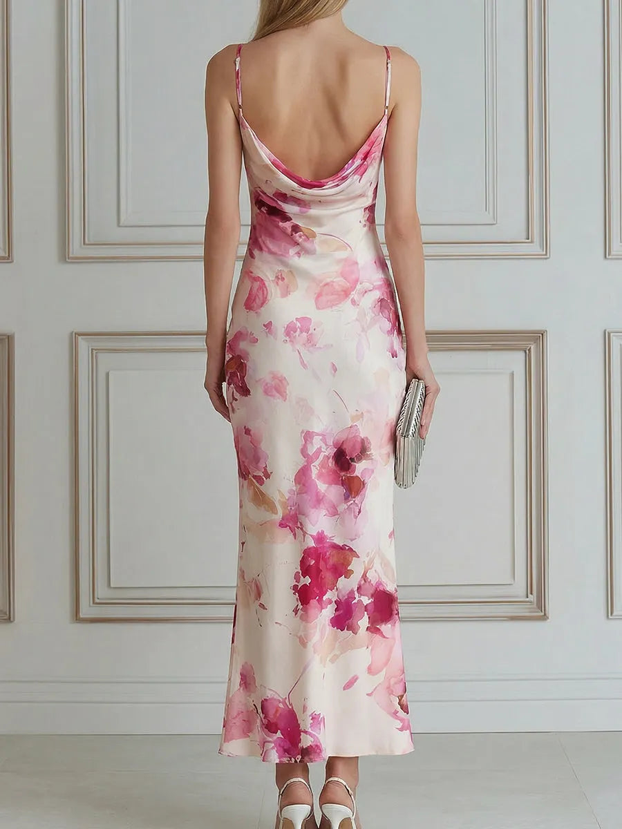 Cowl-Neck Floral Print Bodycon Maxi Dress