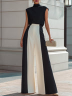 High-Neck Sleeveless Top & Contrast Wide-Leg Pants Set