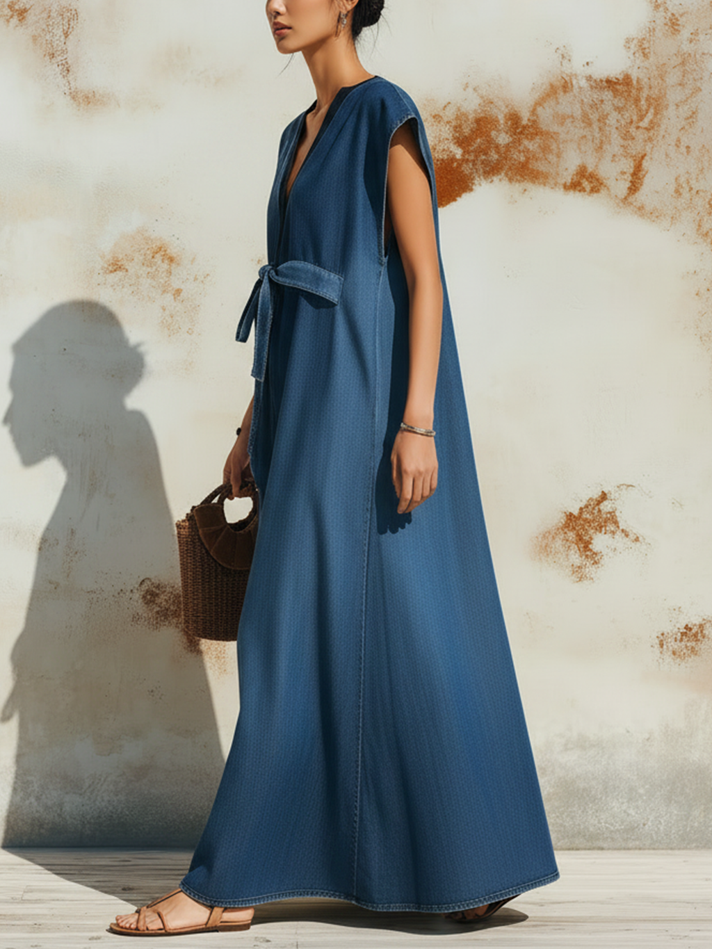 Lightweight Denim V-Neck Maxi Dress With Front Tie Detail