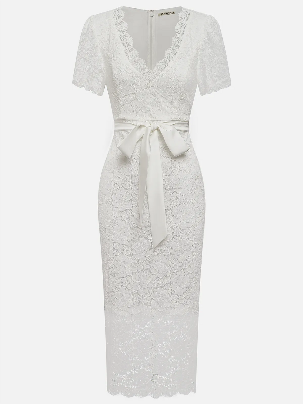 White Bow Lace V Neck Short Sleeve Sheath Midi Dress