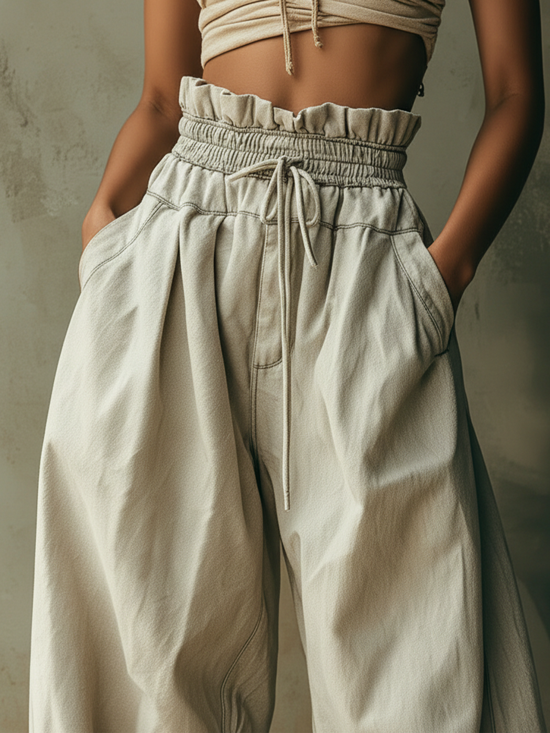 Washed Light Gray Denim High Waist Wide Leg Pants