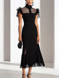 Elegant Black Sheath Dress with Neckline Mesh Detail