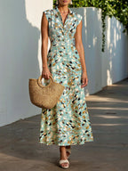 Maxi Linen Dress, Cap Sleeves, Shawl Collar, Leopard, Animal Print, Button Design, Vacation, Vintage, mint