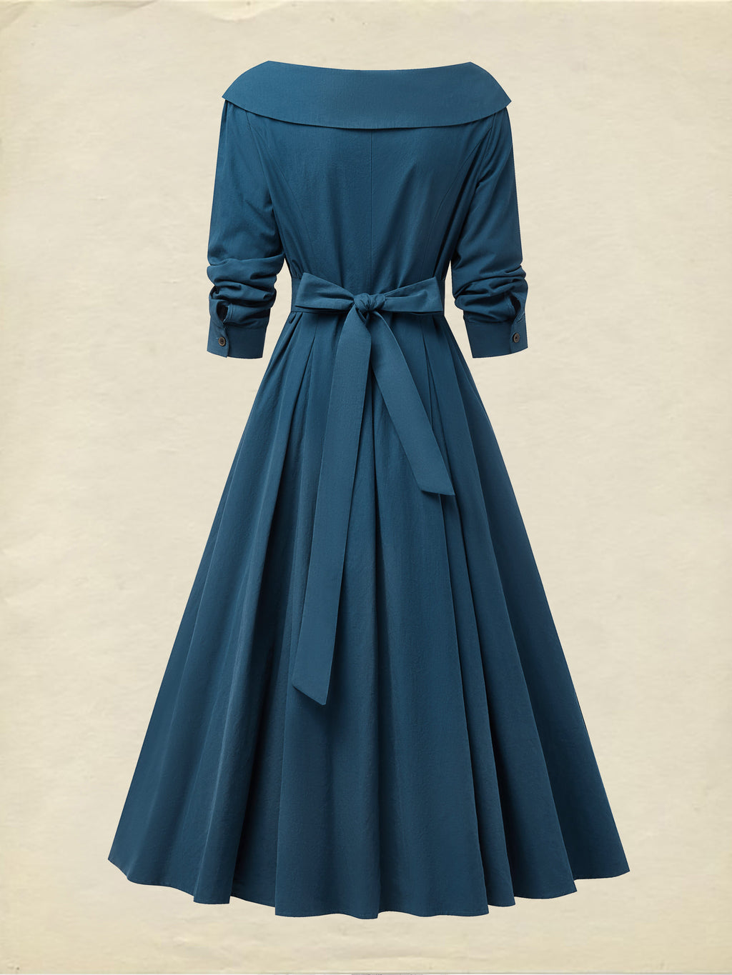Midi Cotton Dress, Half Sleeve, V Neck, Plain, Button Design, French Vintage, Navyblue