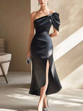 Sleek Black Satin Dress with Asymmetric Sleeve and Shoulder Detail
