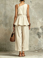 Beige Linen-Blend Asymmetric Peplum Top & Barrel Pants Co-ord Set