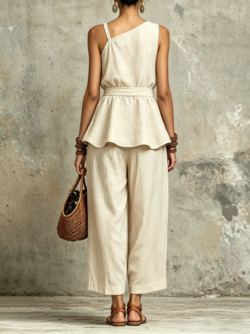 Beige Linen-Blend Asymmetric Peplum Top & Barrel Pants Co-ord Set