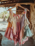 Summer romantic rainbow color ruffle lace patchwork top 7709