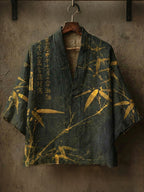 Men's Retro Bamboo Calligraphy Art Print Casual Linen Kimono