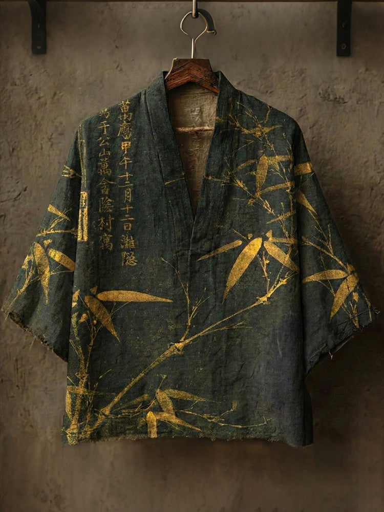 Men's Retro Bamboo Calligraphy Art Print Casual Linen Kimono