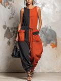 Color-Blocked Harem Denim Jumpsuit