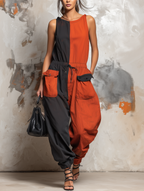 Color-Blocked Harem Denim Jumpsuit