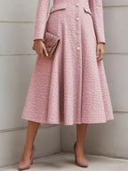 Pink Buckle Tweed Pointed Collar Long Sleeve A-Line Midi Dress