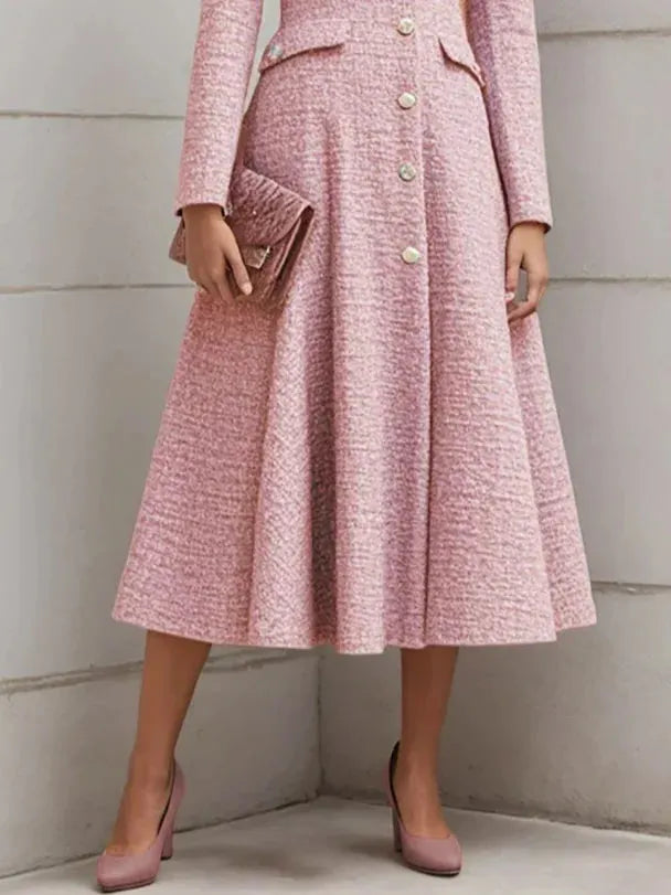 Pink Buckle Tweed Pointed Collar Long Sleeve A-Line Midi Dress
