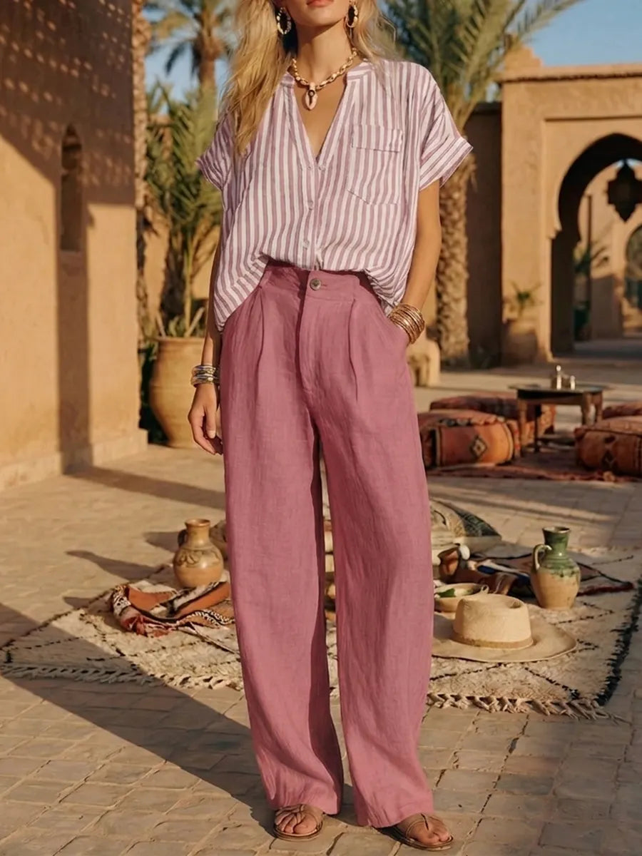 Cozy Striped Cotton-linen Two-piece Set