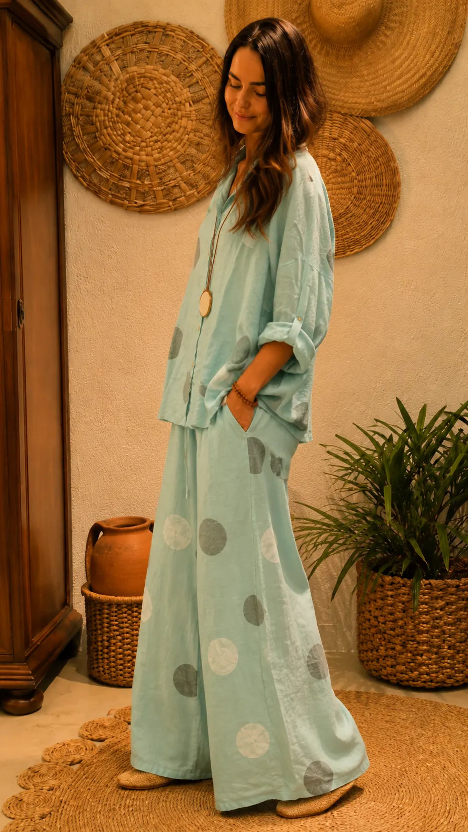 Women's Polka-Dot Linen Two-Piece Set
