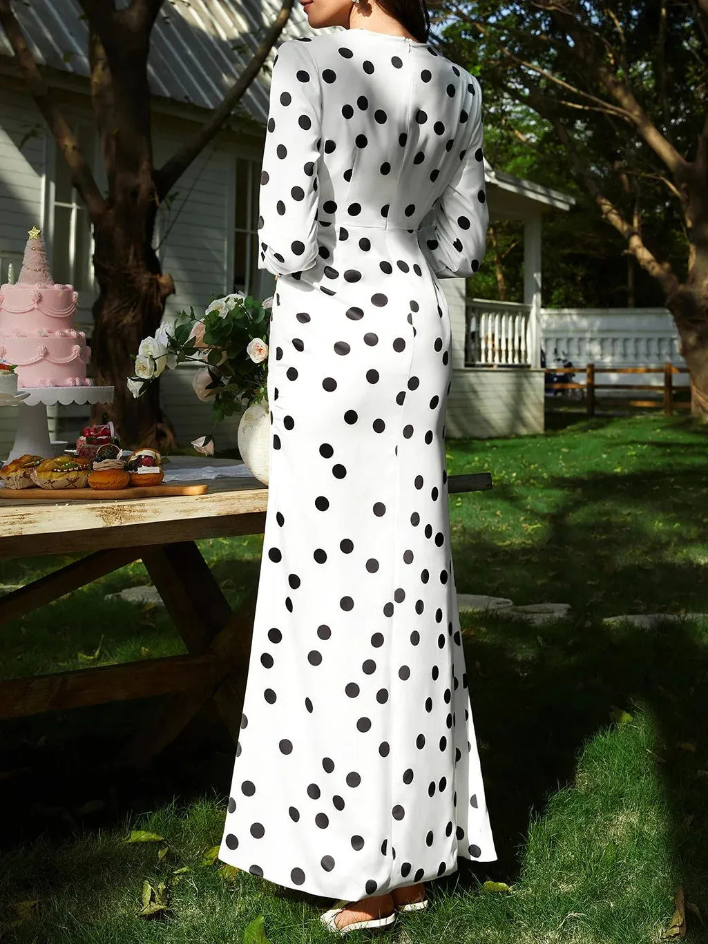 White Polka Dots Deep V Neck Long Sleeve A-Line Maxi Dress