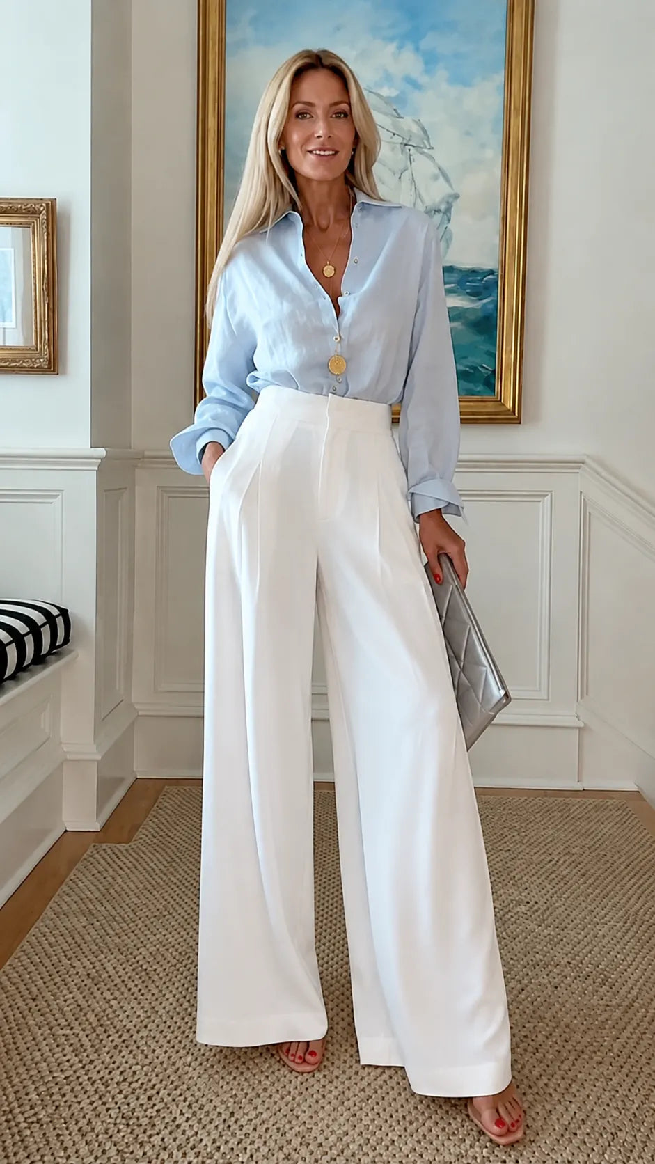 Linen Shirt & White High Waist Wide Leg Trousers