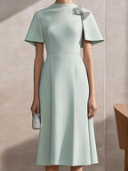 Chic Light Green Satin Cape-Sleeve Dress with Silver Shoulder Adornment