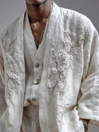Men's Almond Blossom Fiber Art Linen Kimono Cardigan