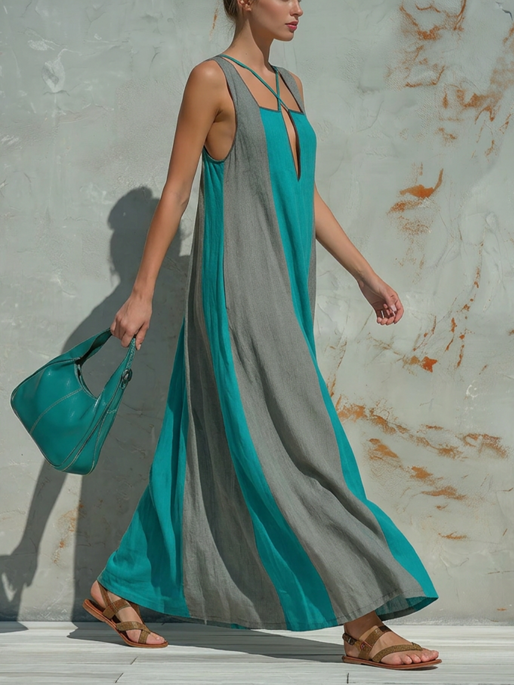 Teal & Gray Color Block Sleeveless Maxi Dress