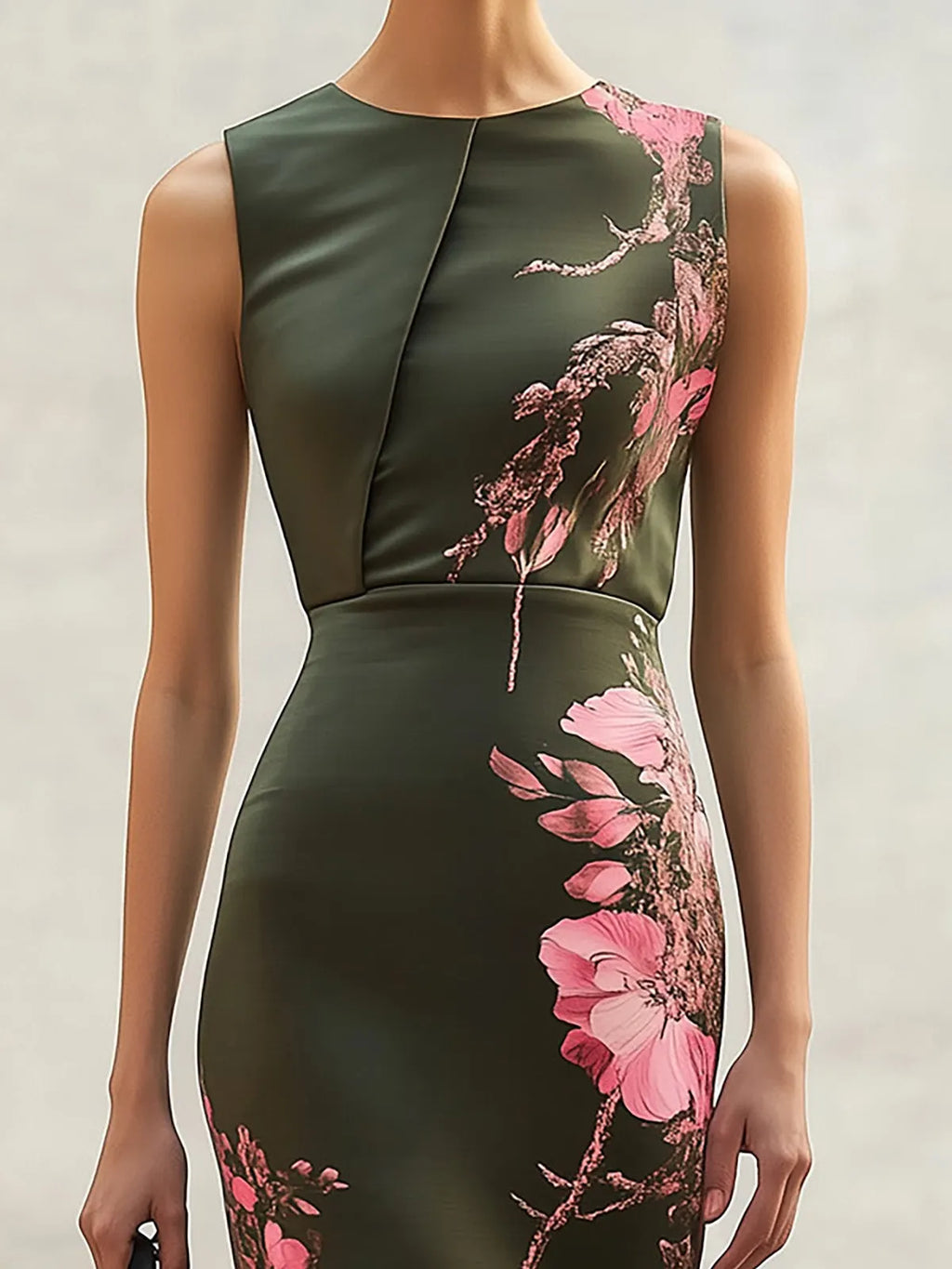 Elegant Olive Green Satin Floral Print Sleeveless Midi Dress