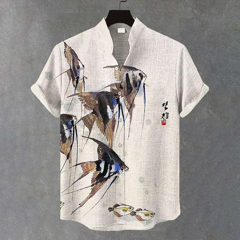 Men's Elegant Schools Of Fish Ink Art Print Short Sleeve Shirt