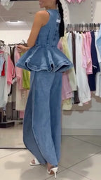 Women's Denim Two-Piece Set: Sleeveless Peplum Top & Slit Trousers
