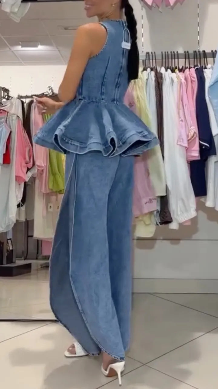Women's Denim Two-Piece Set: Sleeveless Peplum Top & Slit Trousers