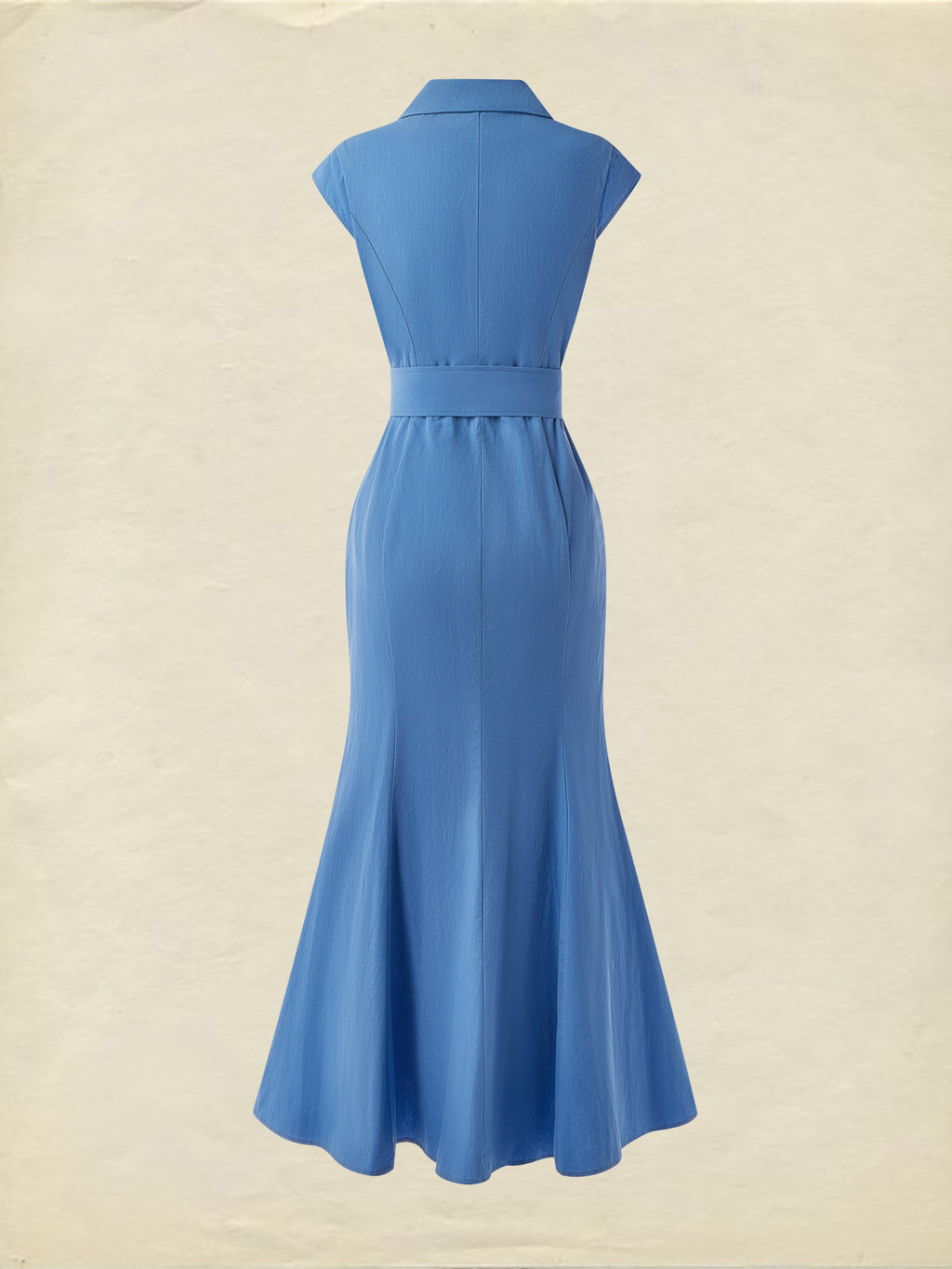 (SIZE:XS-XXL) Cotton Maxi Dress, Cap Sleeve, Lapel Collar, Plain, Vintage, Blue