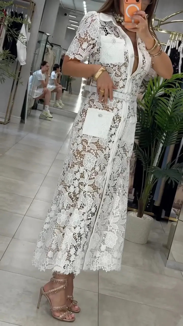 White Floral Lace Belted Shirt Midi Dress