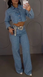 Rhinestone Cropped Denim Jacket & Flare Jeans Set