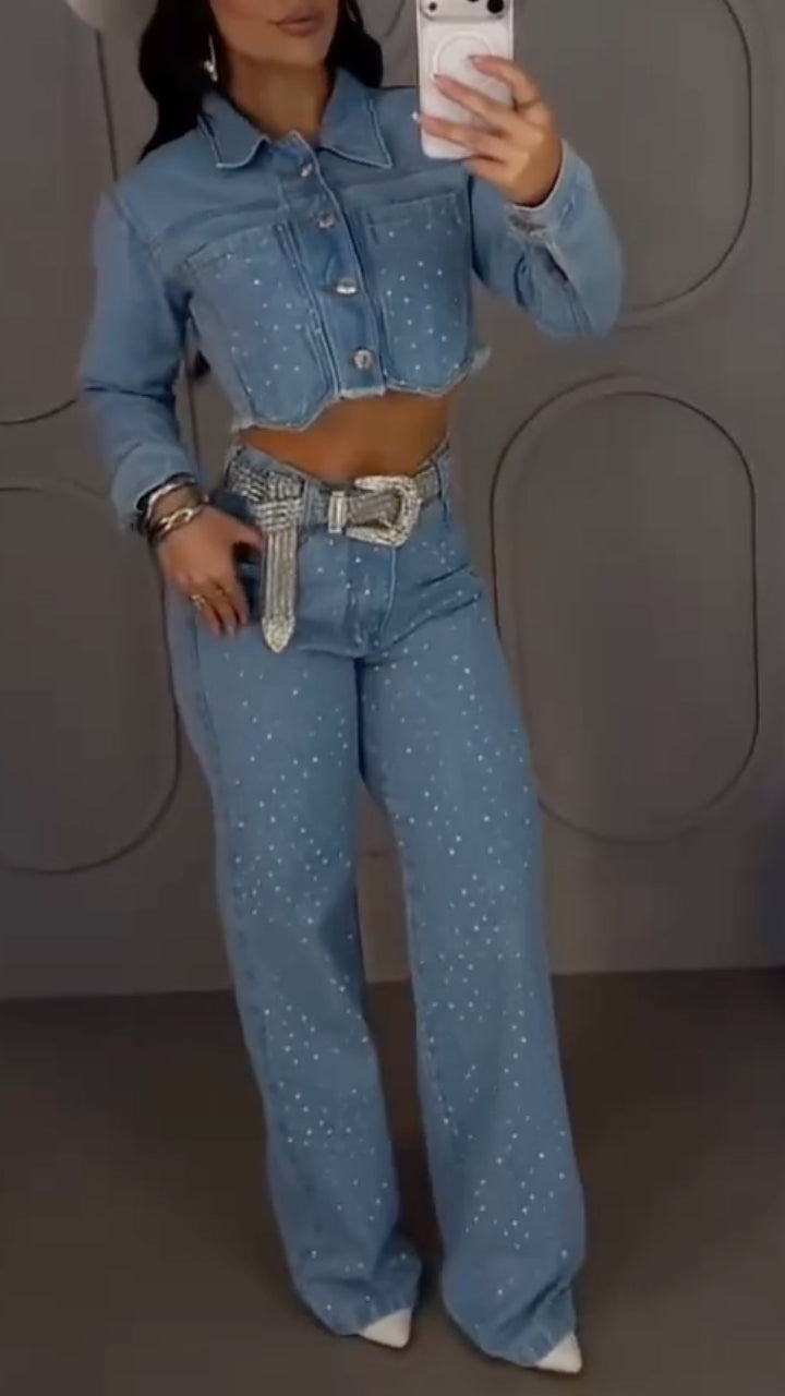 Rhinestone Cropped Denim Jacket & Flare Jeans Set