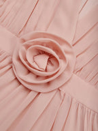 Pink 3D Floral Pleated Chiffon V Neck Sleeveless A-Line Maxi Dress