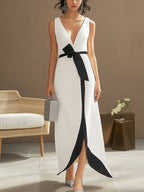 White Textured Dress with Black Waist Detail