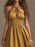 Bohemian Cotton-Linen Halter Smocked Tiered Maxi Dress