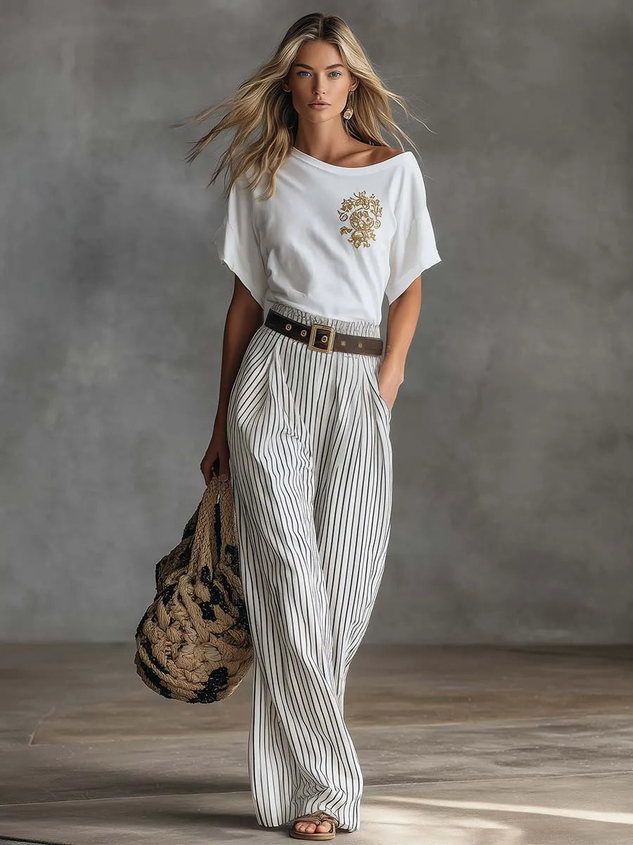 Casual Western-Style White Asymmetrical Cotton T-Shirt And Striped Pants Set