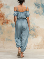 Off-the-Shoulder Puff Sleeve Balloon Leg Jumpsuit With Drawstring Waist