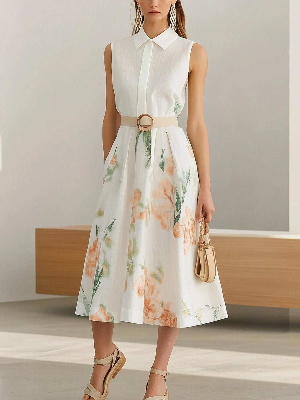 Elegant Sleeveless Linen Dress with Floral Print and Belt
