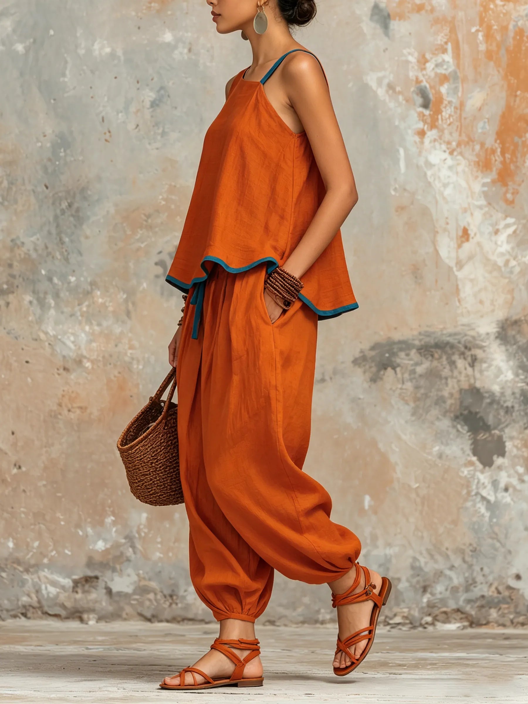 Burnt Orange Asymmetric Linen Two-Piece Set With Blue Trim