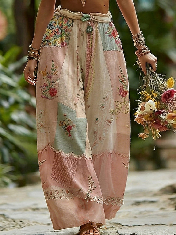 Women's Rose Floral Patchwork Casual Resort Linen Blend Pants