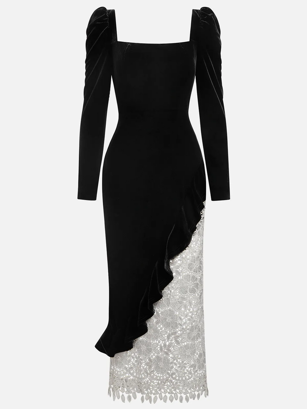 Black Lace Ruffled Velvet Square Neck Long Sleeve Sheath Midi Dress