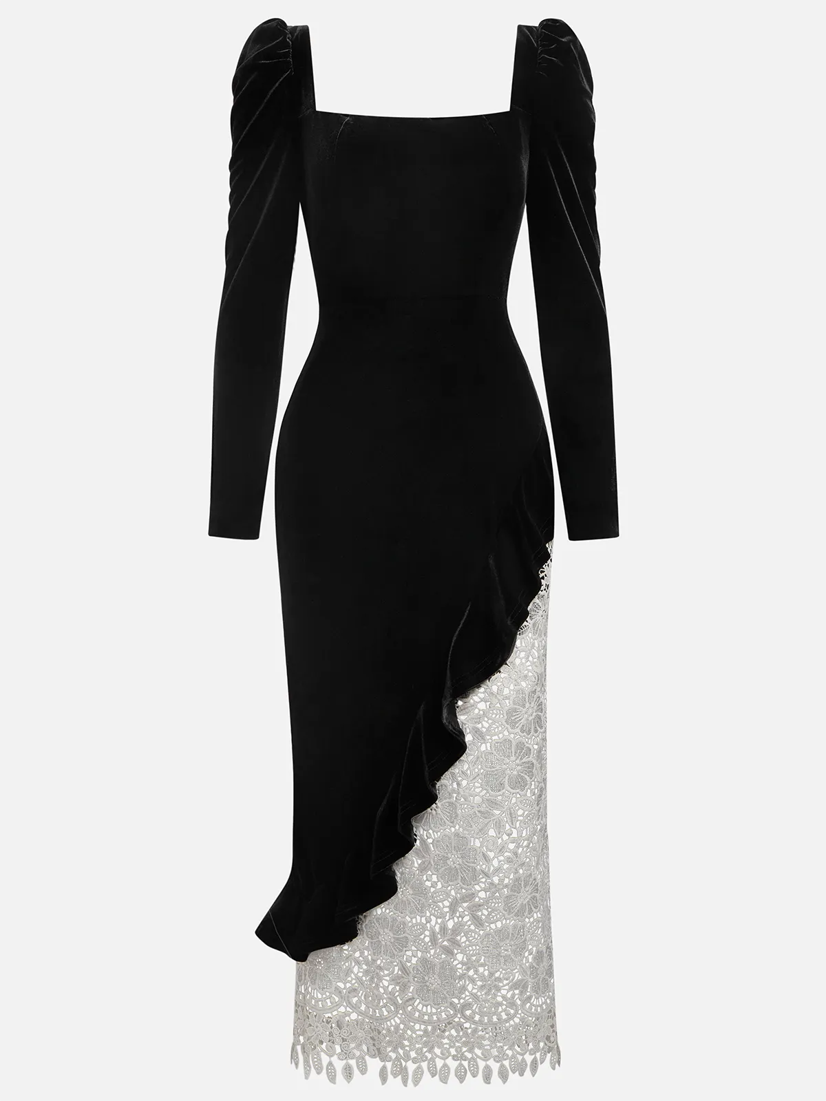Black Lace Ruffled Velvet Square Neck Long Sleeve Sheath Midi Dress
