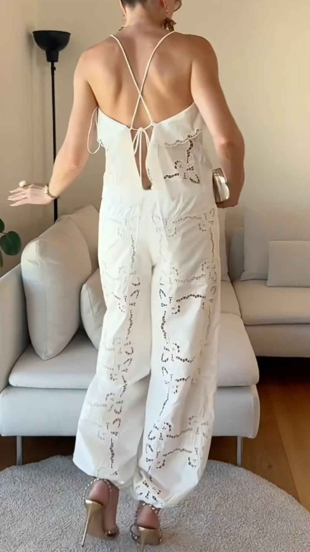Eyelet Lace Spaghetti Strap Two Piece Pant Set