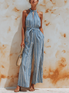 Blue & White Striped Denim Halter Neck Wide-Leg Jumpsuit