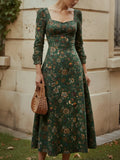 Midi Linen Dress, Long Sleeves, Square Neck, Paisley, Vintage, Green
