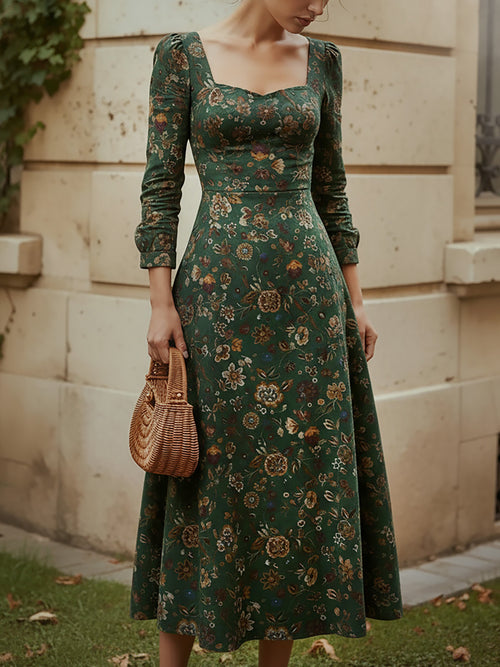 Midi Linen Dress, Long Sleeves, Square Neck, Paisley, Vintage, Green