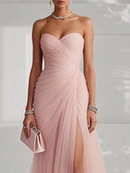Pink Ruched Slit Tulle Strapless Sleeveless Sheath Gown Dress